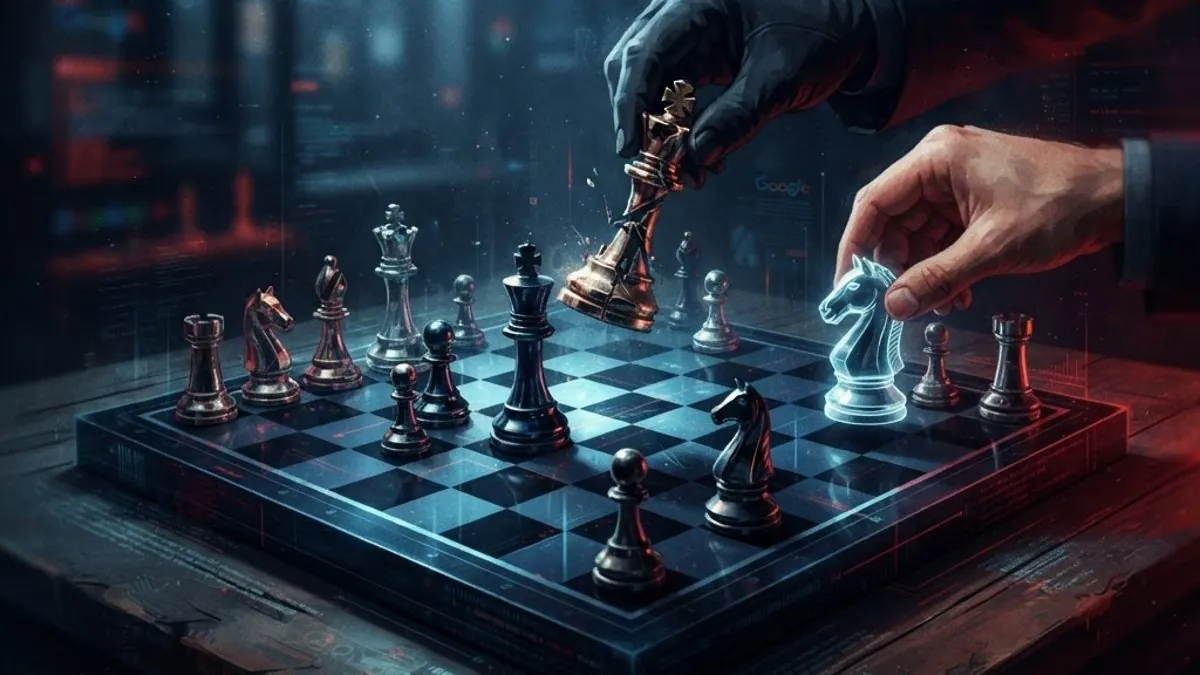 Abstract chessboard illustration representing Google AI leadership restructure with key pieces being moved