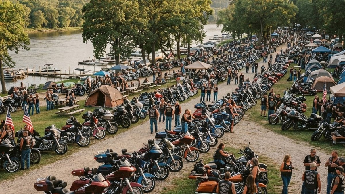 Large gathering of American bagger motorcycles parked at a riverside campground rally in Wisconsin for Indian Bike Week 2026