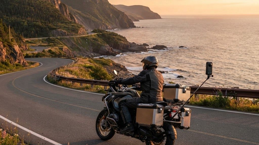Action camera mounted on motorcycle helmet with wind protection
