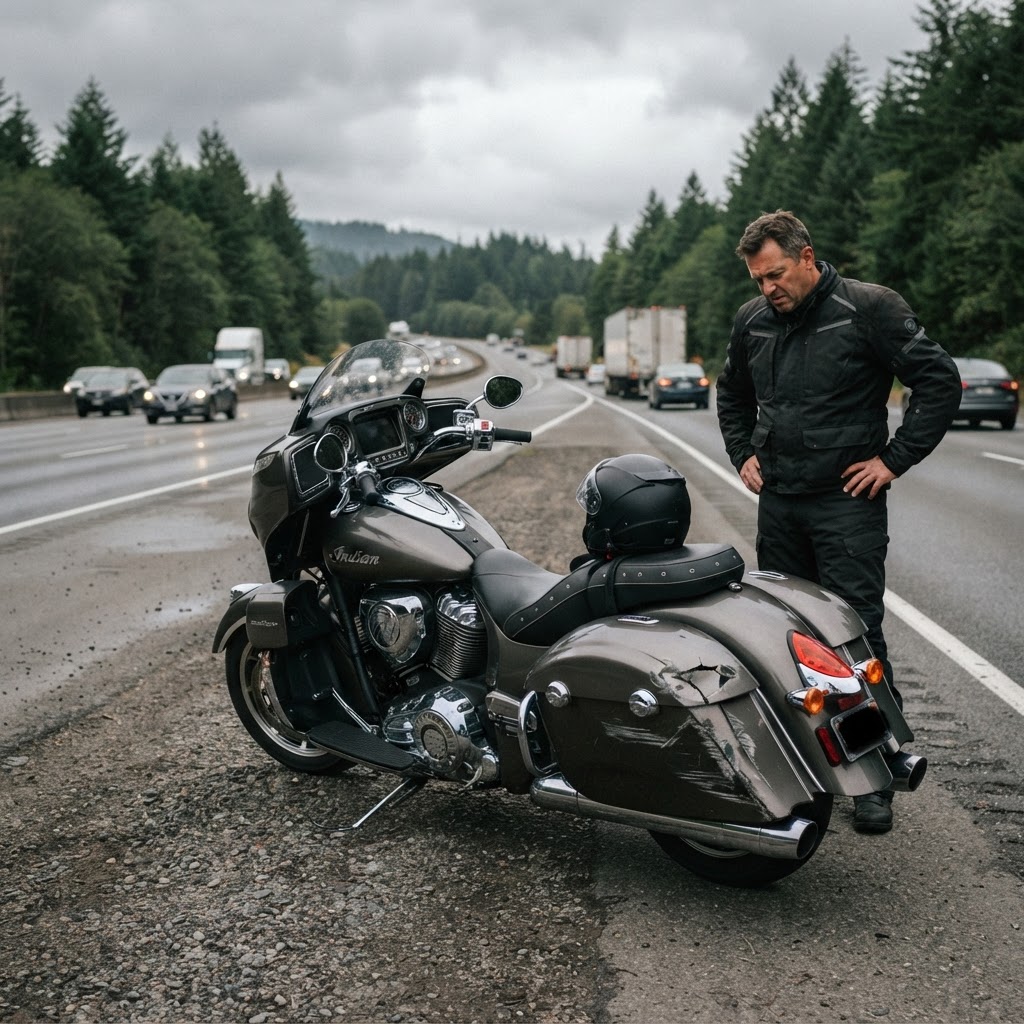Damaged touring motorcycle parked on the shoulder of a highway after being rear-ended
