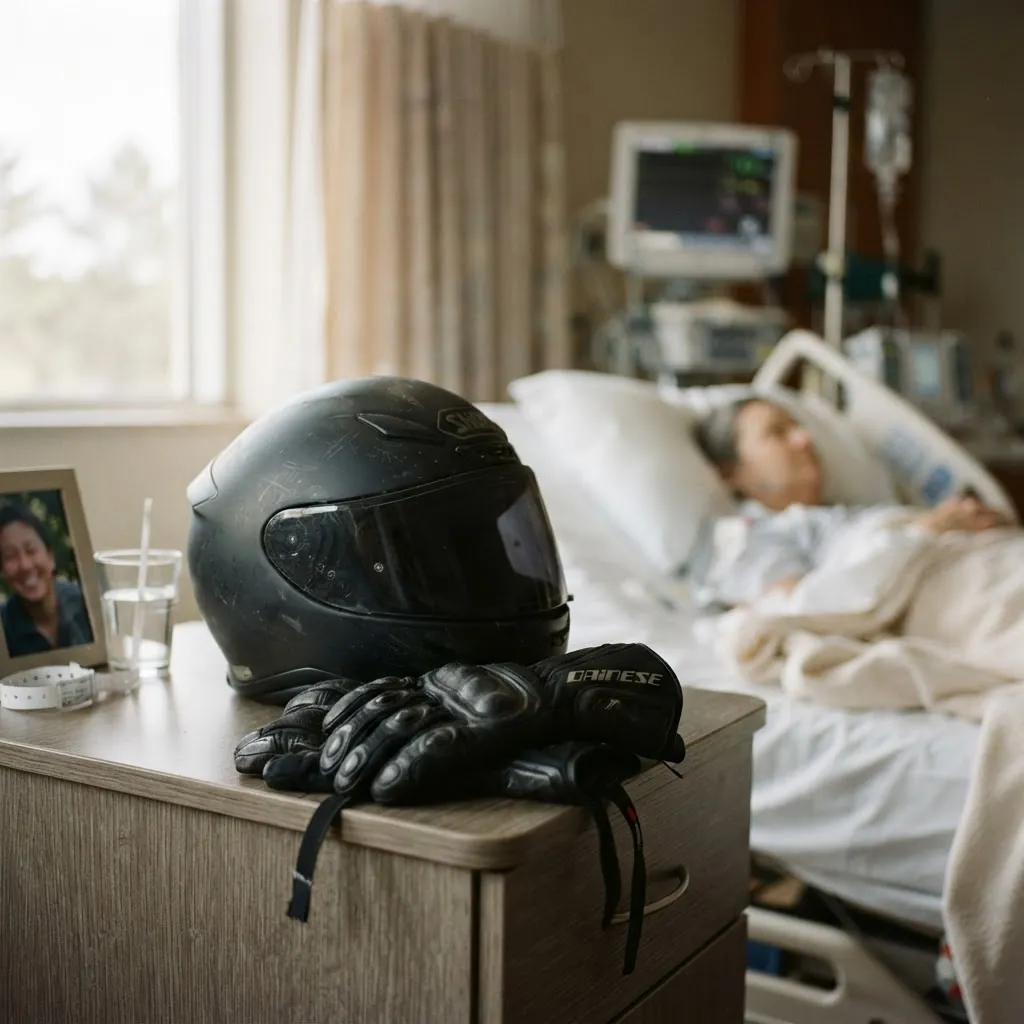Motorcycle helmet and riding gloves on a hospital bedside table