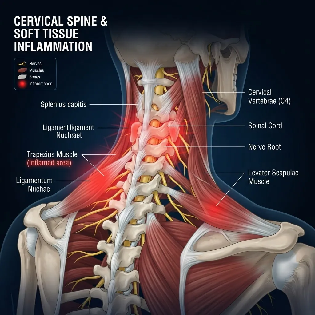 Medical illustration showing soft tissue inflammation in the neck and shoulder area