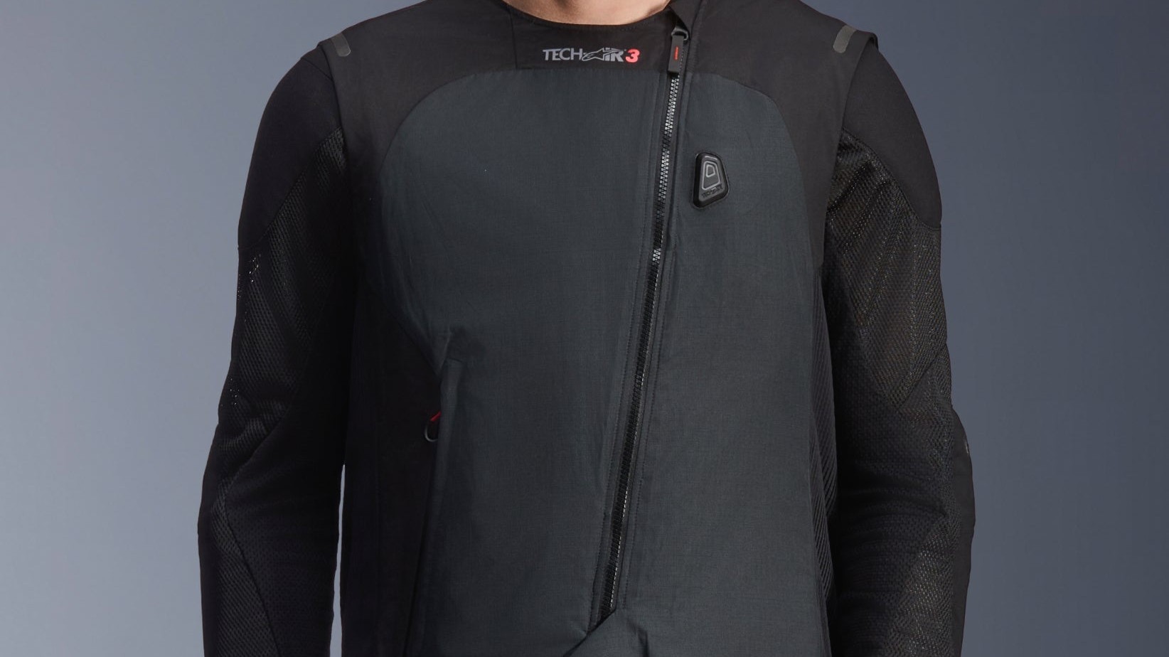 Alpinestars Tech-Air 3 motorcycle airbag vest shown deployed with inflated chest and neck protection panels