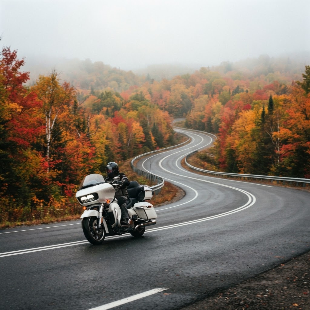 White touring motorcycle on Highway 28 through Algonquin Park