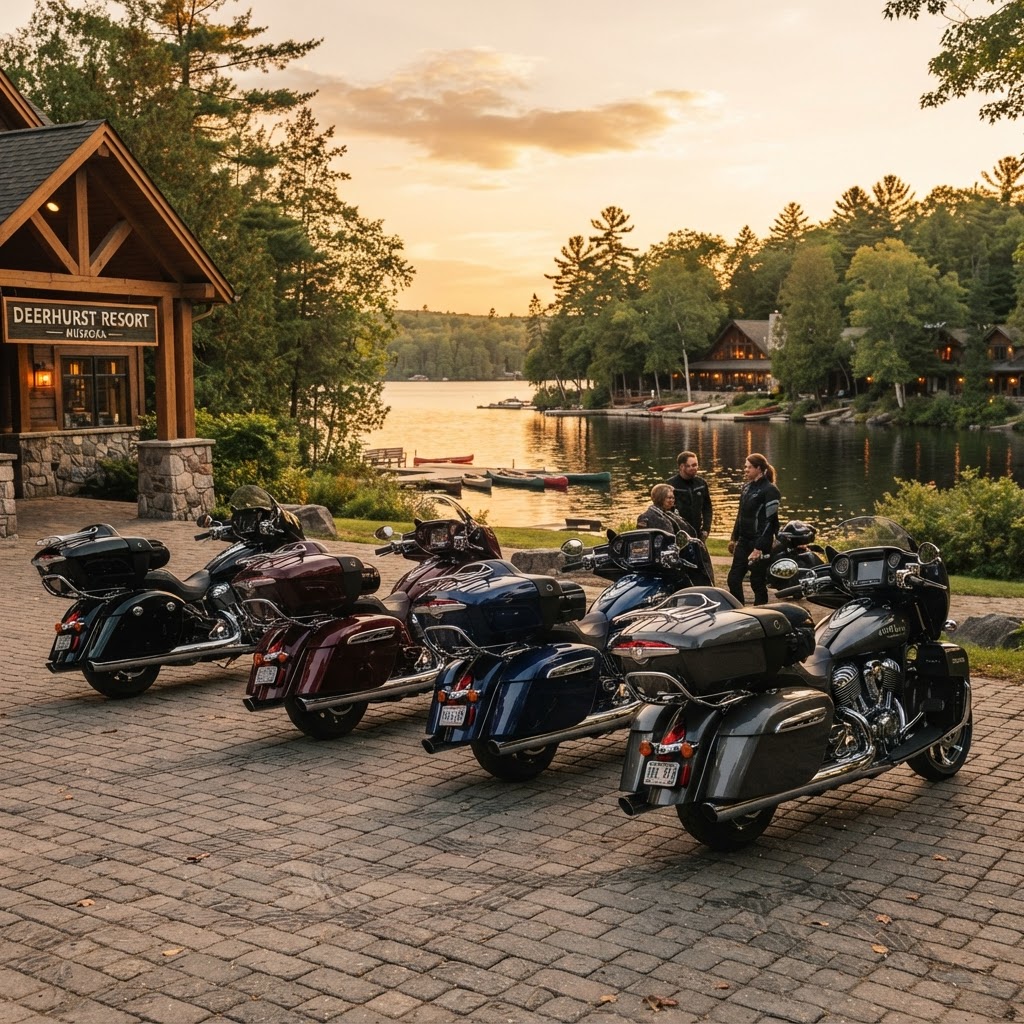 Group of Indian touring motorcycles at Horseshoe Valley Resort for ECIC 2026