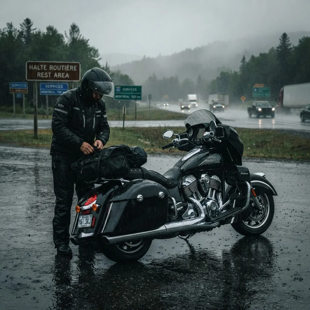 Indian Pursuit parked at a rainy Quebec highway rest stop during the ECIC trip