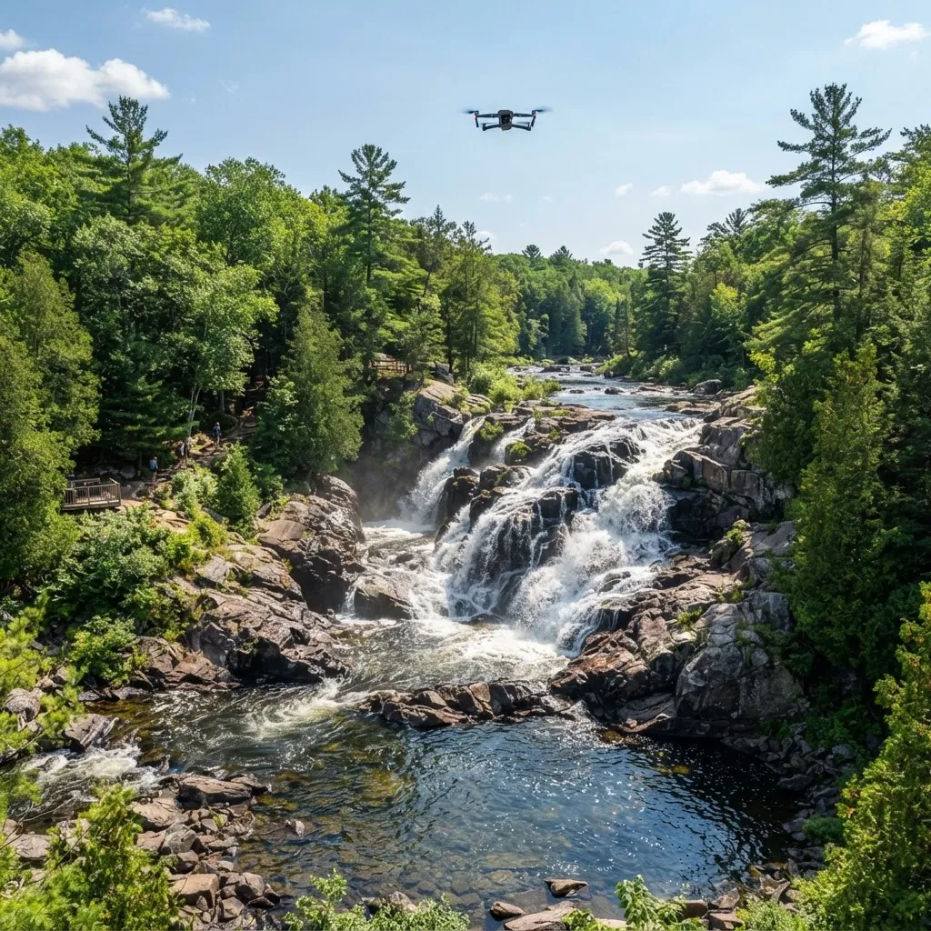 Scenic waterfall in Muskoka Ontario with a drone capturing footage overhead