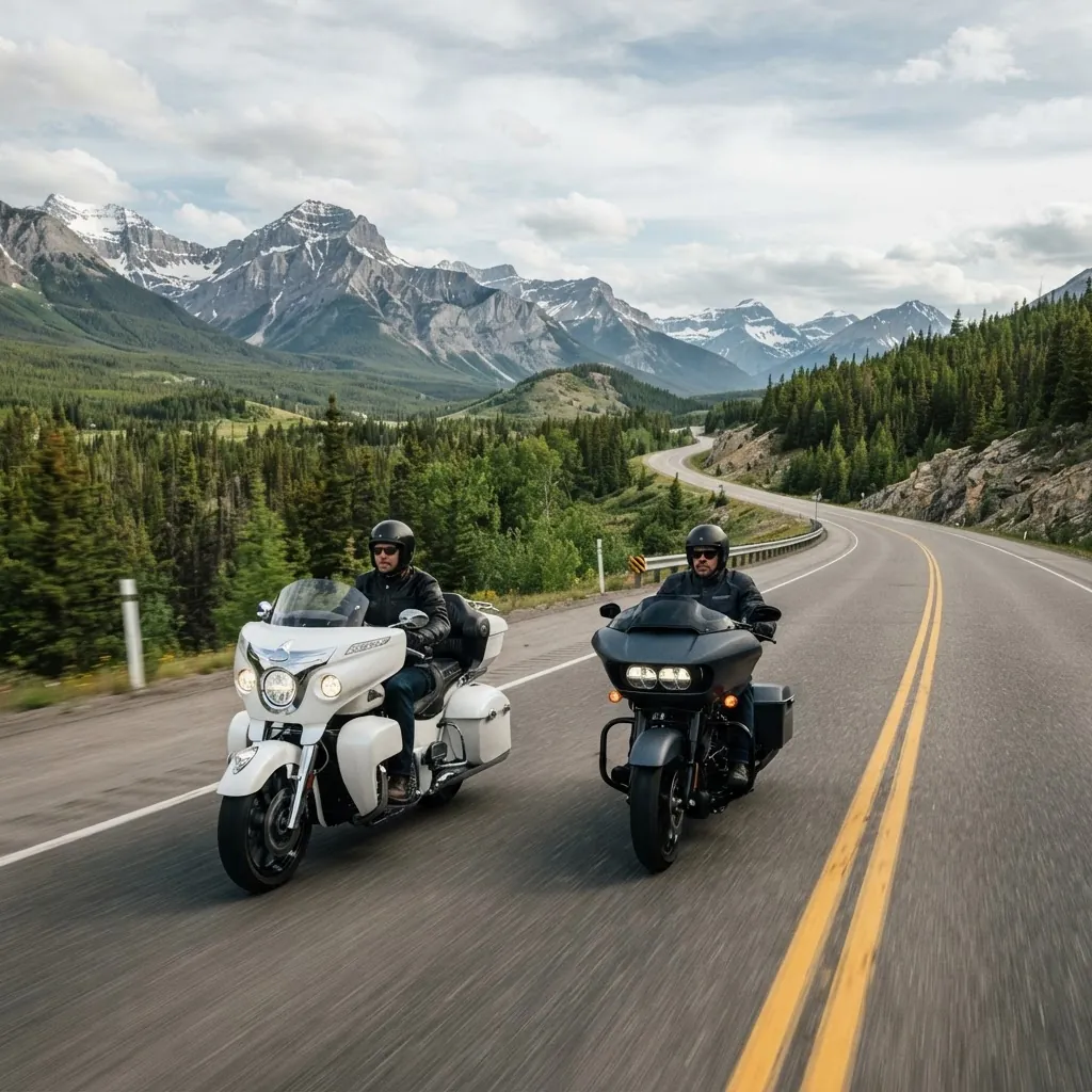 Large touring baggers on open Canadian highway comparing riding comfort