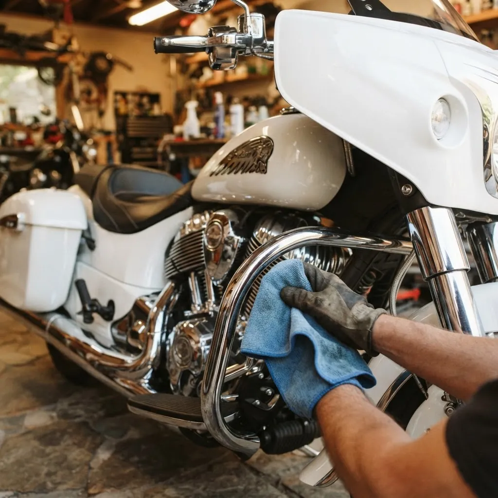 Hands polishing chrome on the Indian Pursuit's engine guards and exhaust with a microfiber cloth