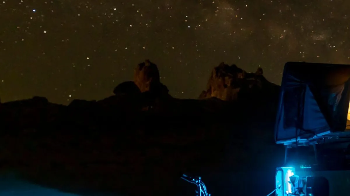 Motorcycle camping setup under stars