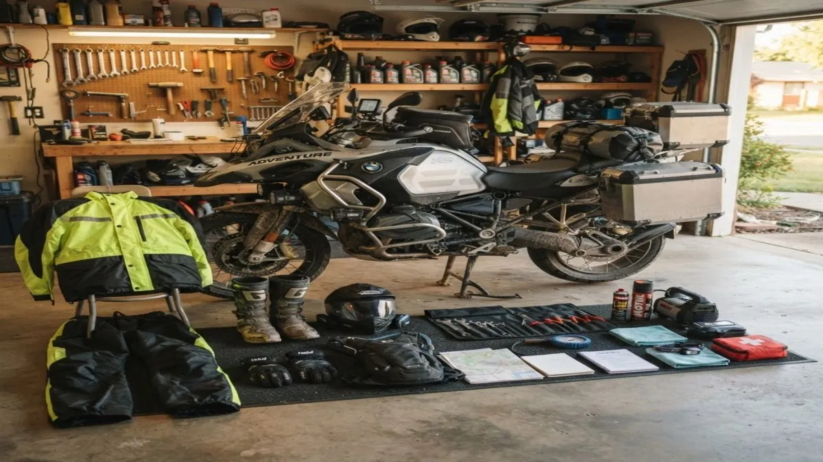 Motorcycle touring preparation showing tools and gear laid out for a multi-day trip