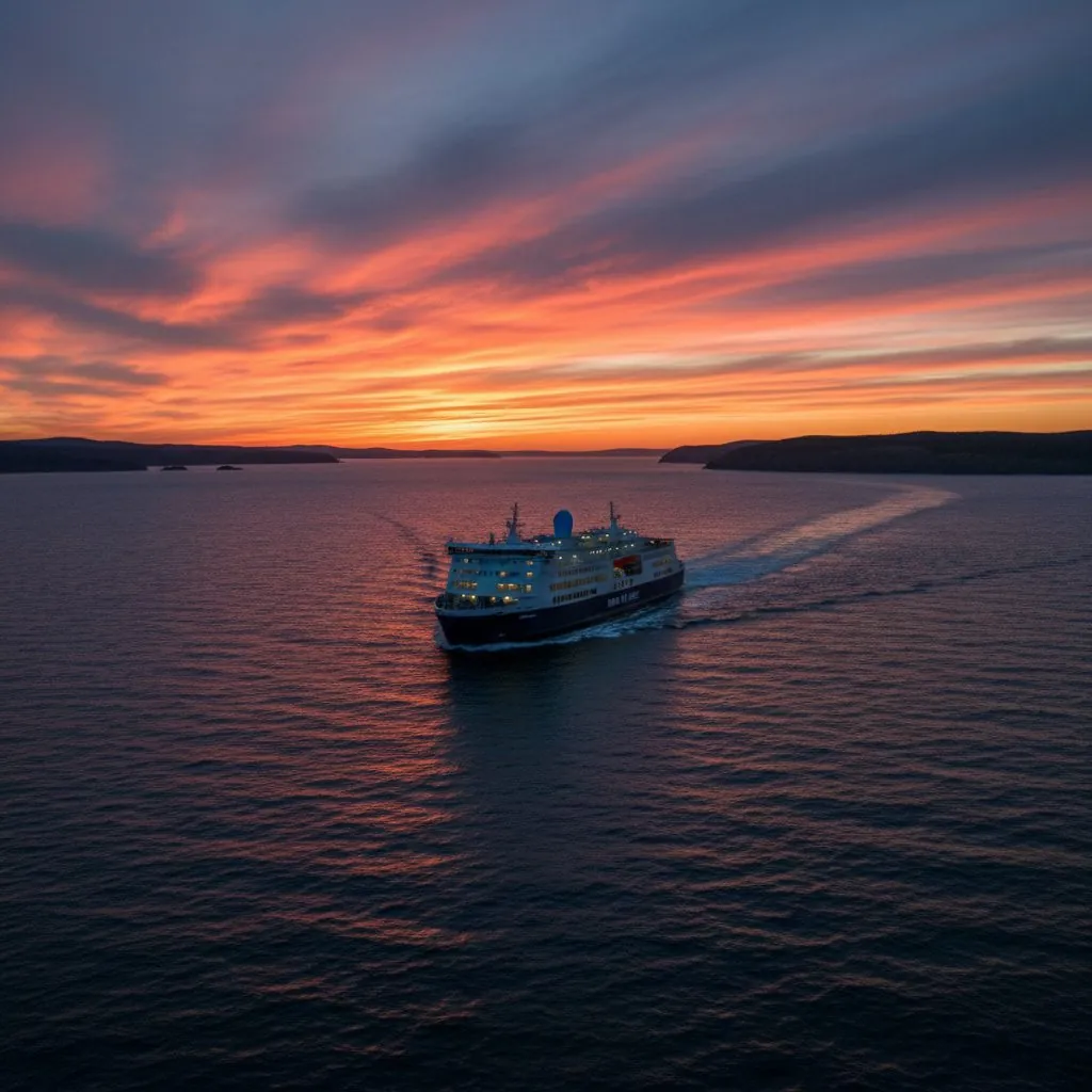 Marine Atlantic ferry crossing to Newfoundland at dusk