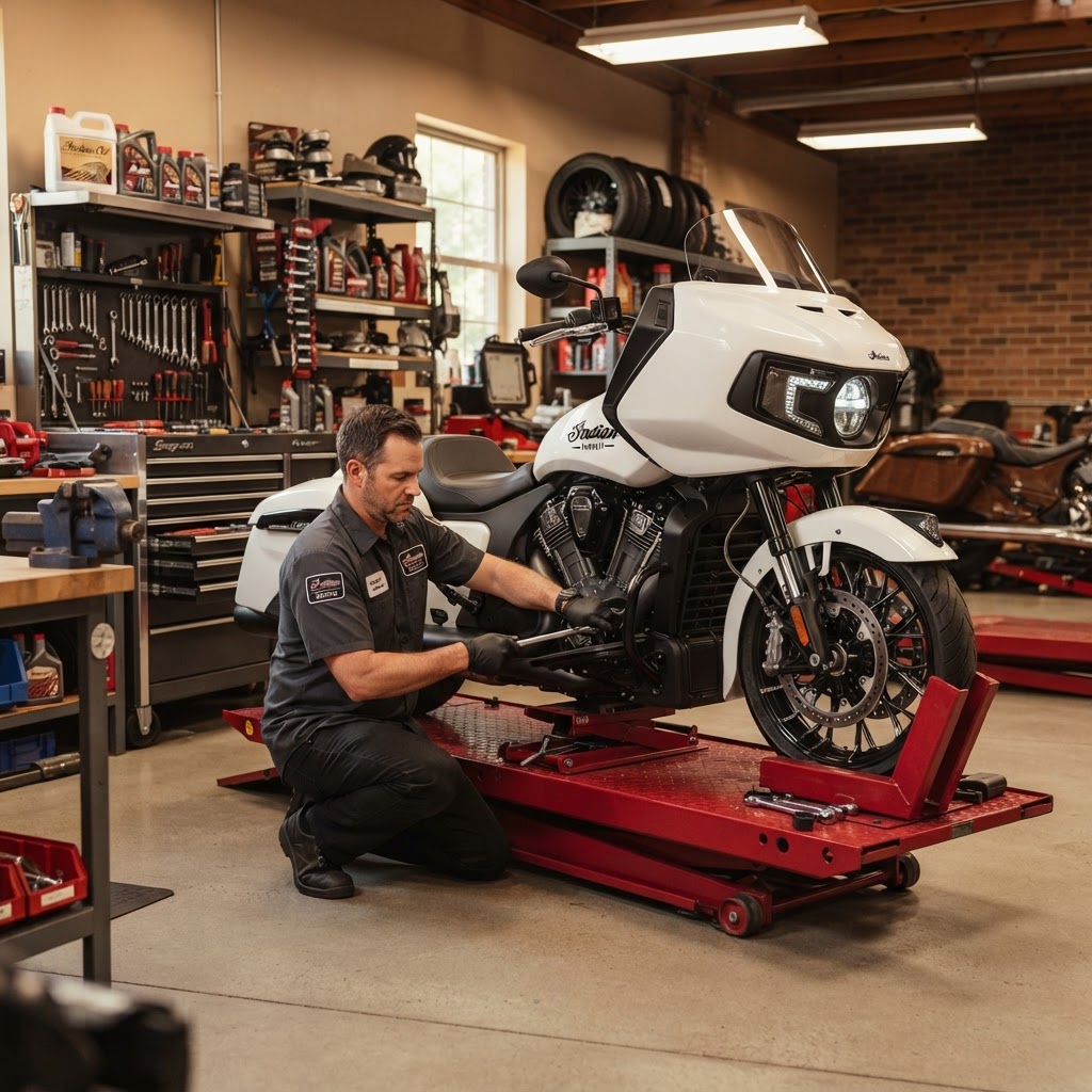 Indian Pursuit motorcycle maintenance — oil service and engine care