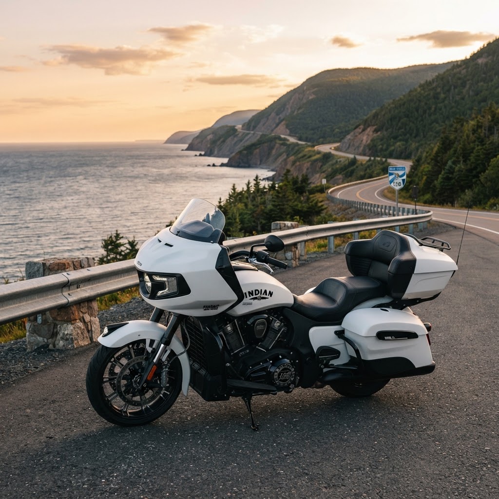 2024 Indian Pursuit touring motorcycle on an Atlantic Canada highway