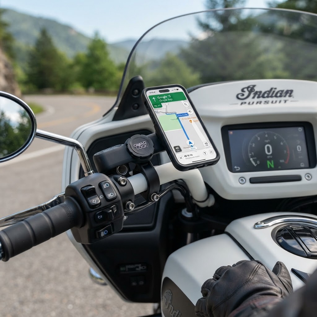 Quad Lock phone mount on motorcycle handlebar
