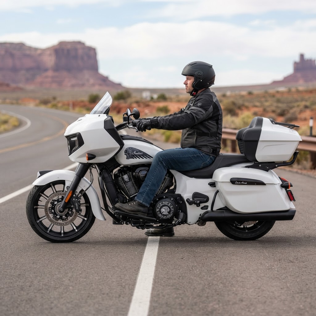 Motorcyclist riding cruiser across New Brunswick backroads