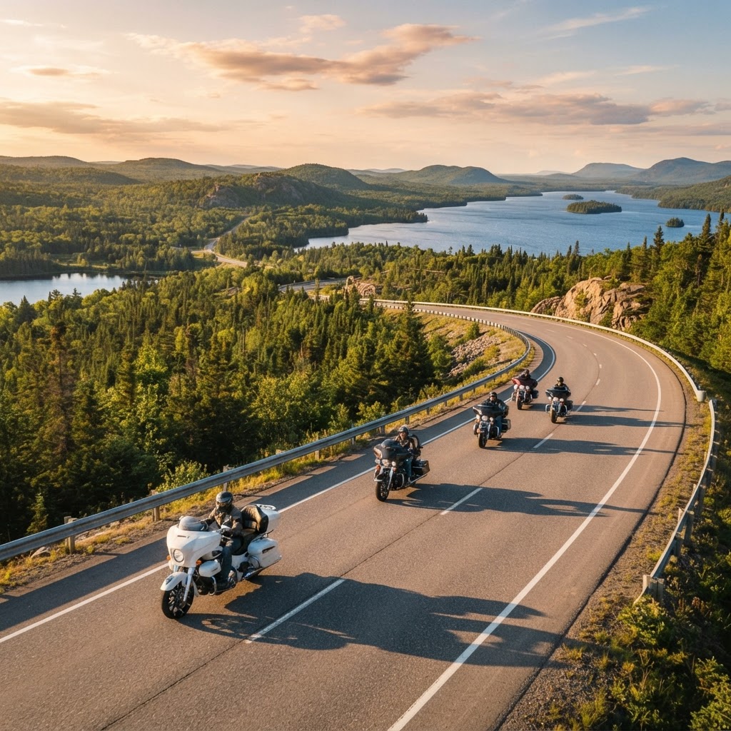 Group of touring motorcycles on Canadian highway