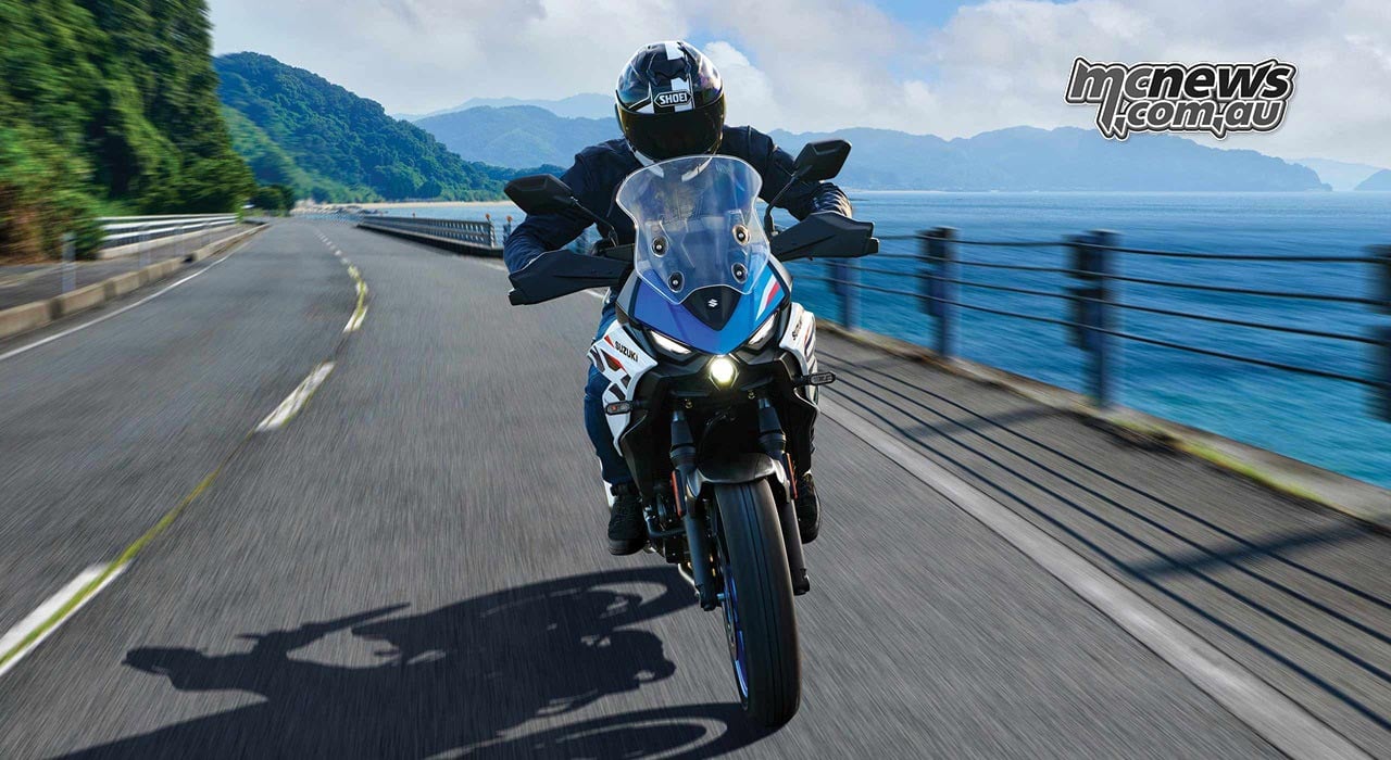 2027 Suzuki SV-7GX sport crossover motorcycle in blue and white official product photo