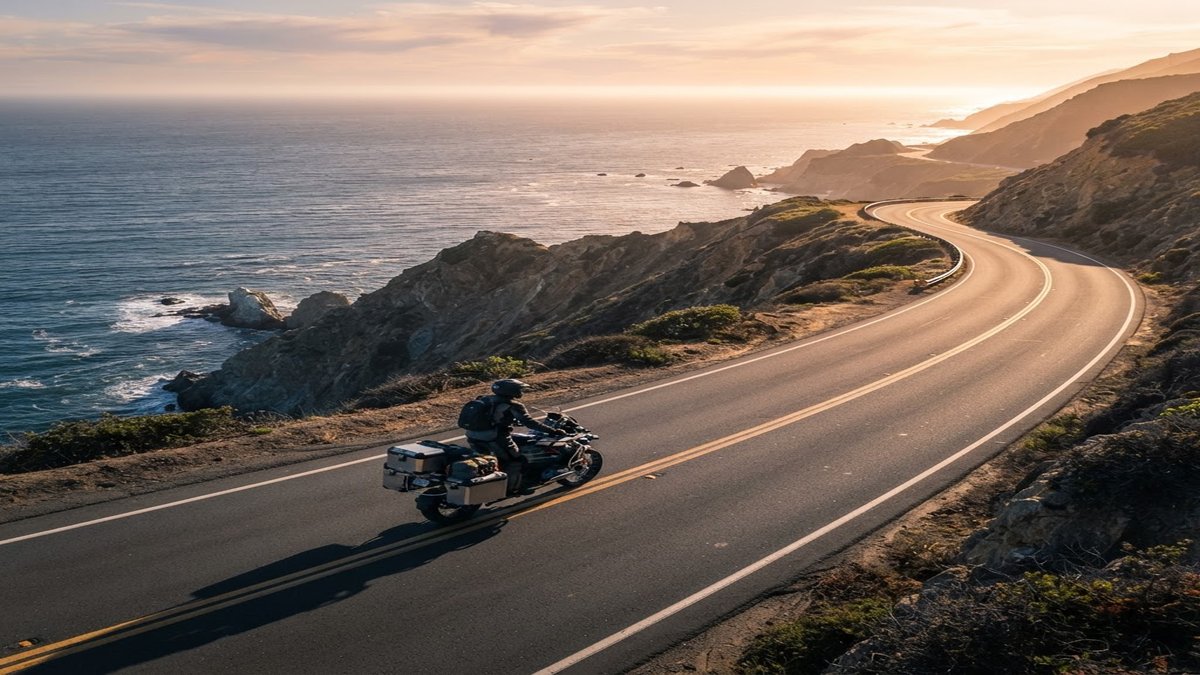Motorcycle touring on an open road showing a rider on a long-distance journey with scenic landscape