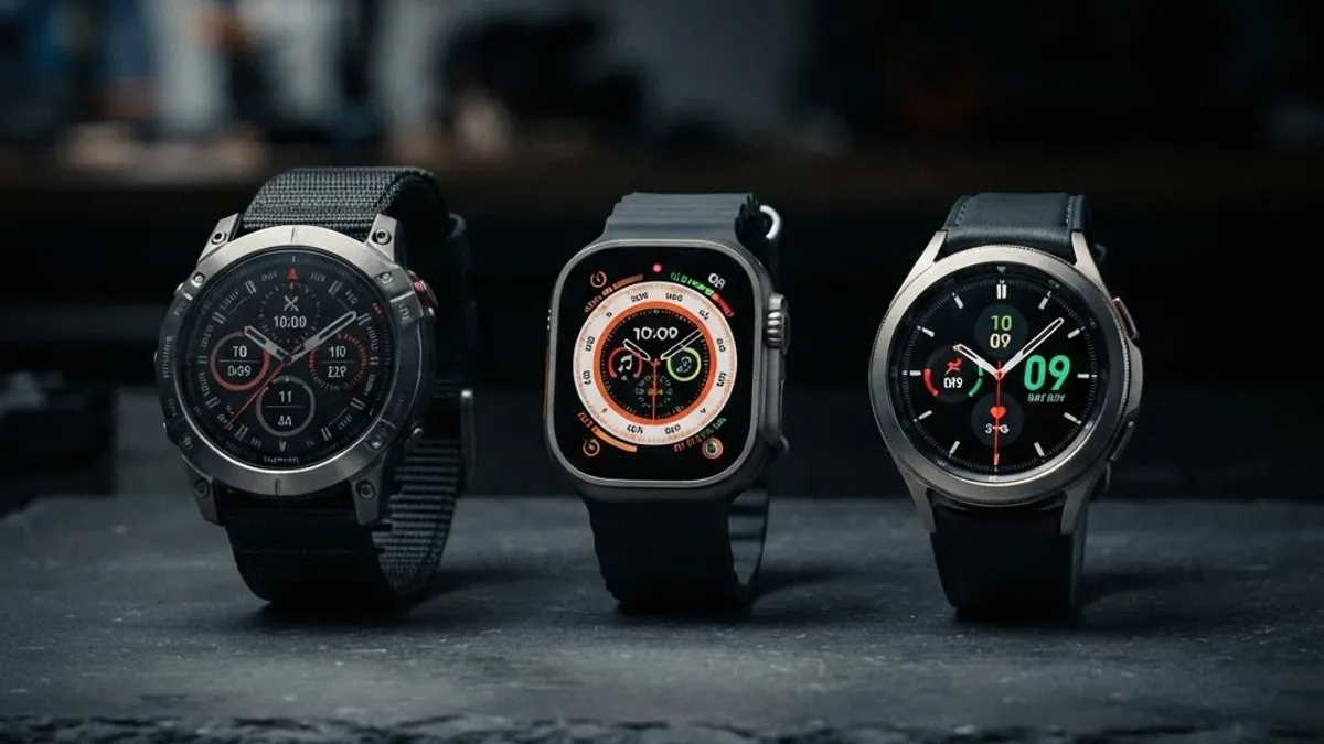 Three premium smartwatches compared on dark surface for 2026 buyer guide covering Garmin Fenix 8 Apple Watch Ultra 3 and Samsung Galaxy Watch8