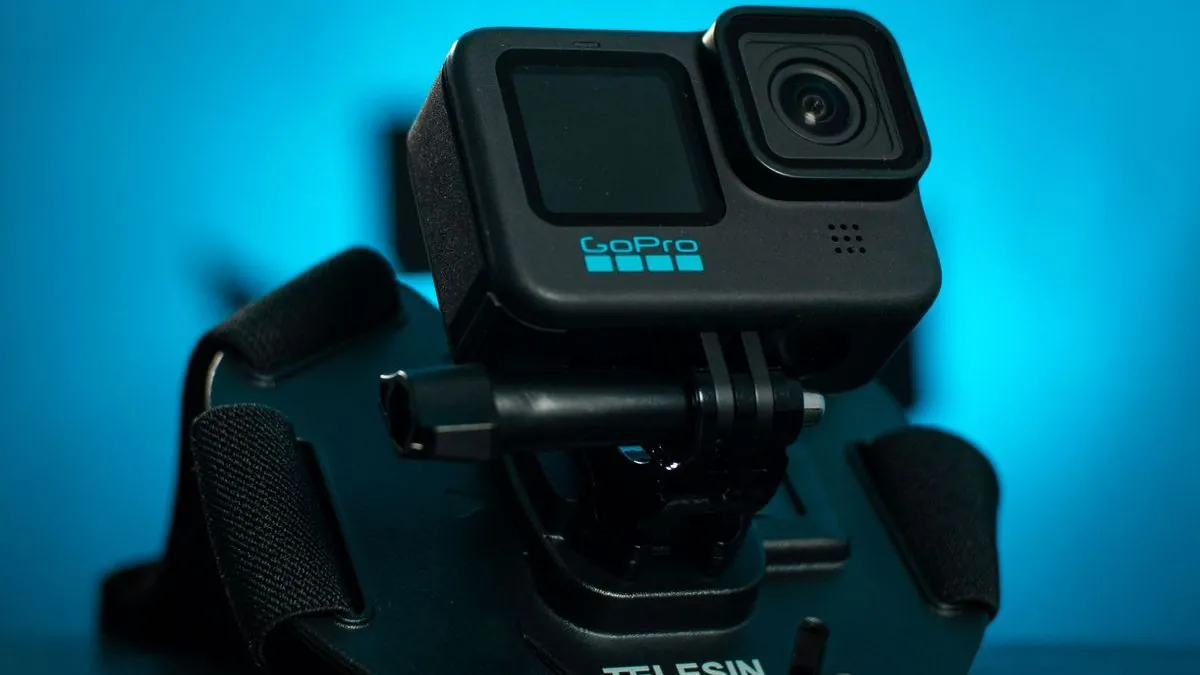 Action camera mounted on helmet