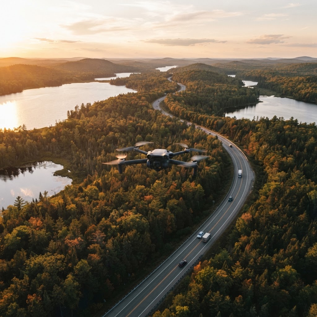 Antigravity A1 drone hovering over Canadian highway