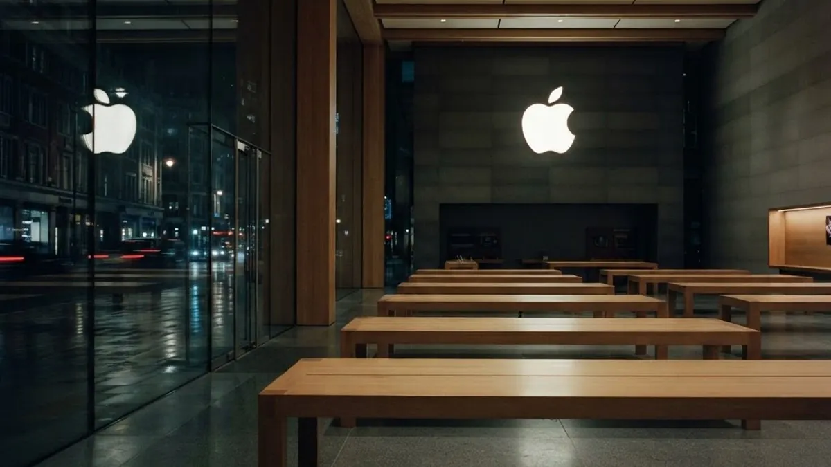 Empty Apple Store interior with minimalist wooden tables and glowing Apple logo representing the evolution of Apple retail