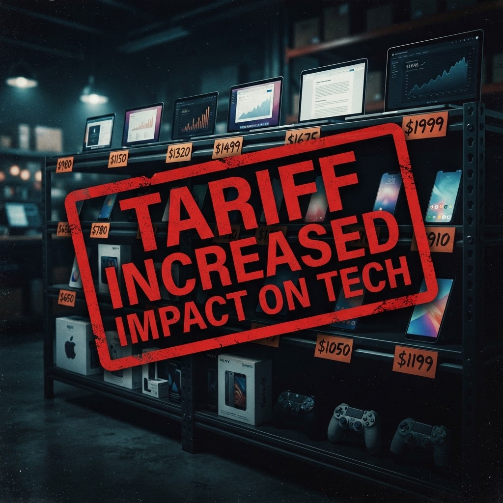Consumer electronics on dark display shelves with orange price tags showing increasing numbers and a tariff stamp overlay