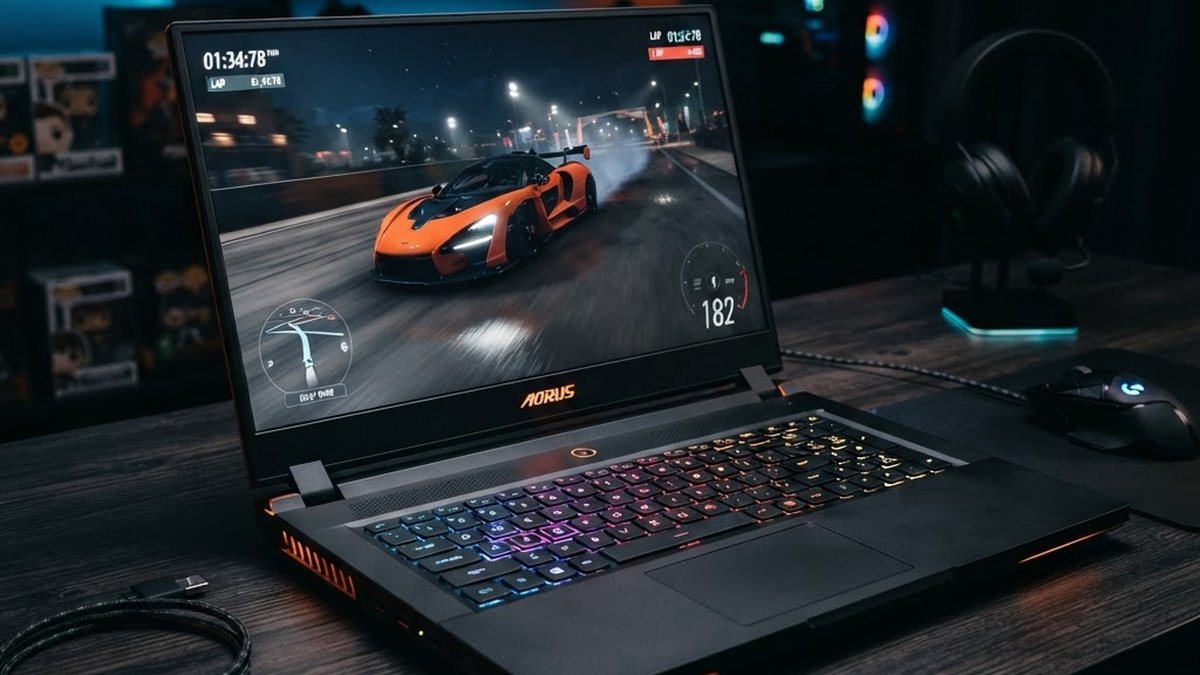 Modern gaming laptop with RGB keyboard and racing game on screen