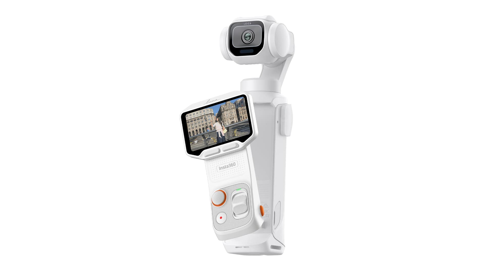 Official Insta360 Luna Pro single-lens Leica gimbal camera in white with detachable OLED touchscreen remote