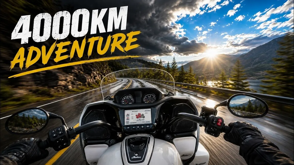 Greg riding his Indian Pursuit through a storm on a 4000 km journey to reach a motorcycle rally